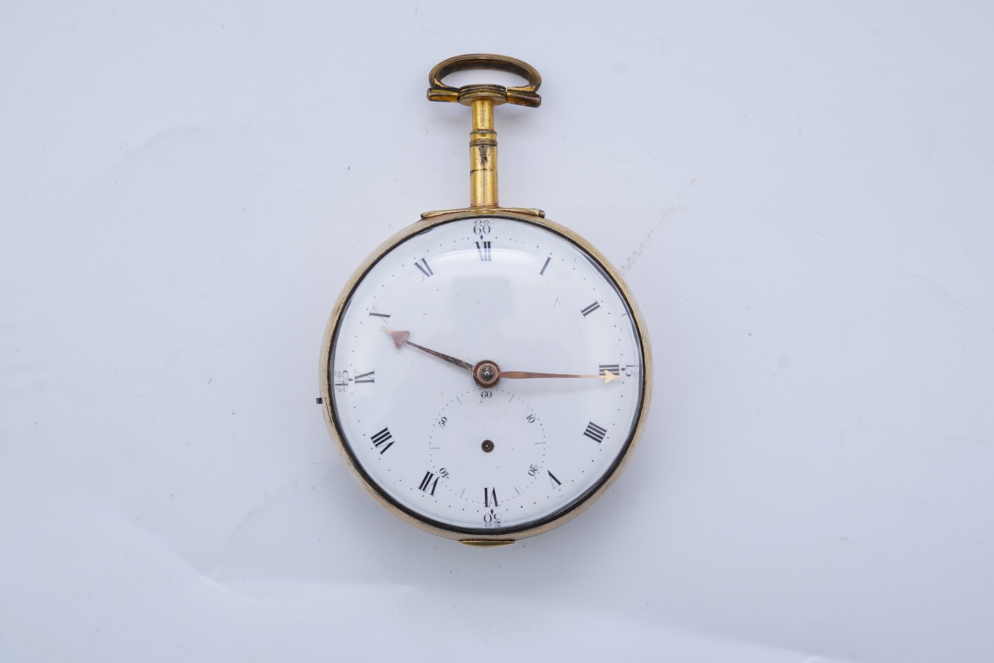 A George III silver gilt pair cased rack lever keywind pocket watch by P. Litherland & Co, Liverpool, with Roman dial and subsidiary seconds (hand missing)